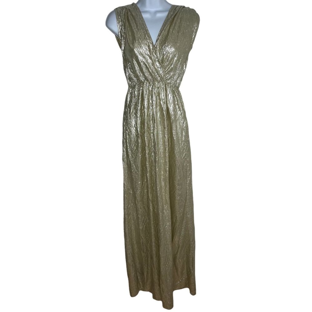 Alythea Maxi Dress Womens Gold Metallic V Neck Sleeveless Pleated Pullover Sz S